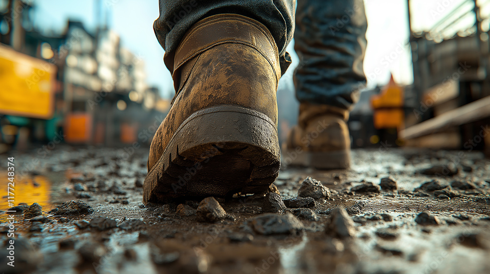 Muddy Construction Boots, Close-up of muddy boots on a construction site. Muddy Construction Boots, Close-up of muddy boots on a construction site.