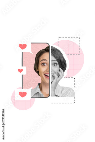 Funny blogger collage template of funny girl display smartphone avatar income matches likes notification isolated on pink background photo