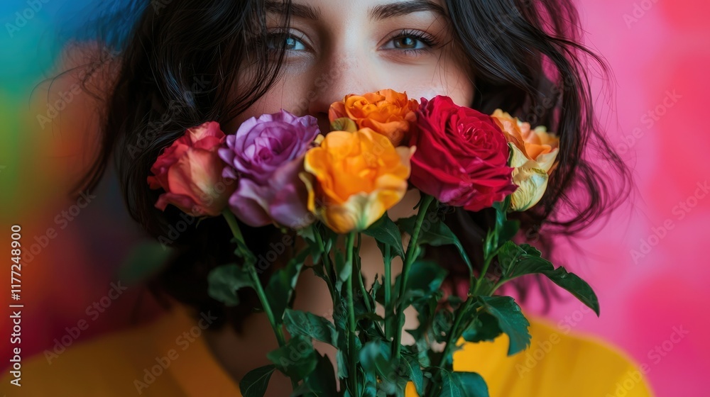 Young woman holds colorful roses while smiling against a vibrant backdrop in a bright atmosphere Young woman holds colorful roses while smiling against a vibrant backdrop in a bright atmosphere