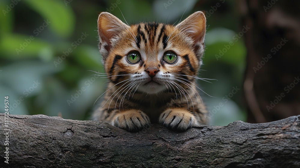 Fototapeta premium Kitten peering over branch in jungle setting, blurred foliage background. Ideal for pet, nature, or wildlife projects