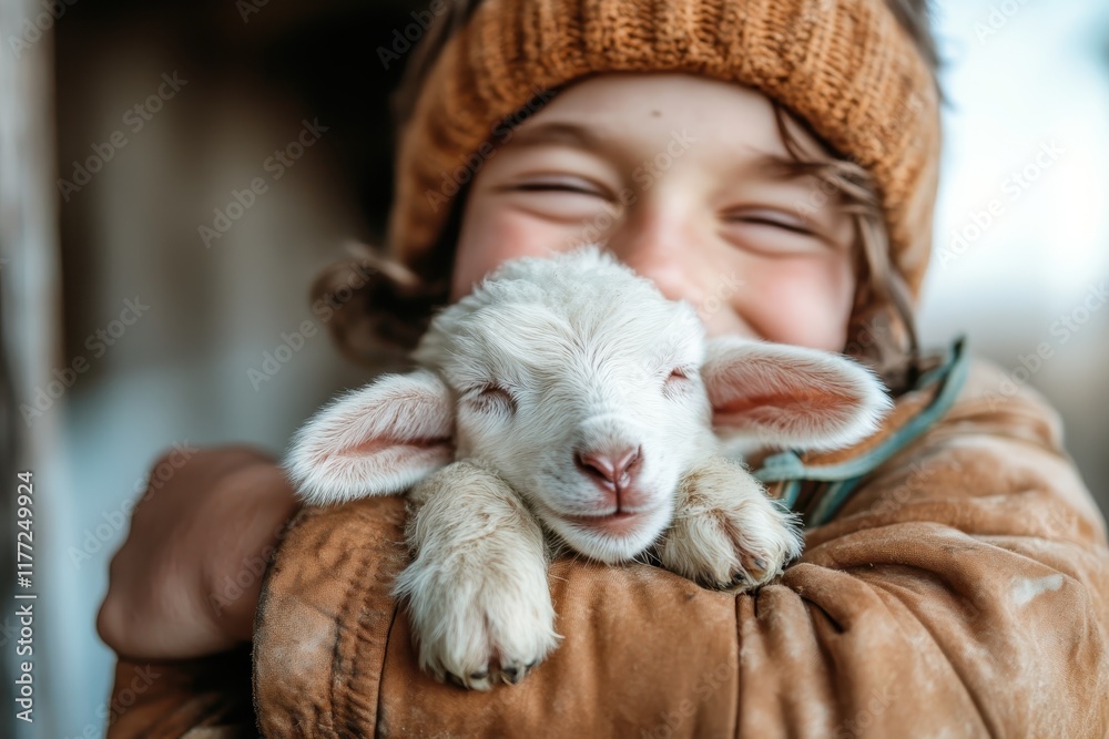 A young boy smiles brightly while holding a peacefully sleeping lamb, perfectly illustrating the comforting connection between children and cute animals in nature. A young boy smiles brightly while holding a peacefully sleeping lamb, perfectly illustrating the comforting connection between children and cute animals in nature.