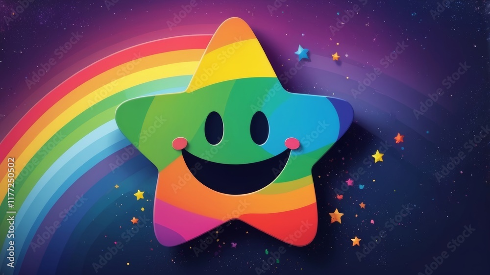 Fototapeta premium A colorful rainbow star with a cheerful smiley face in the center, radiating joy and positivity.