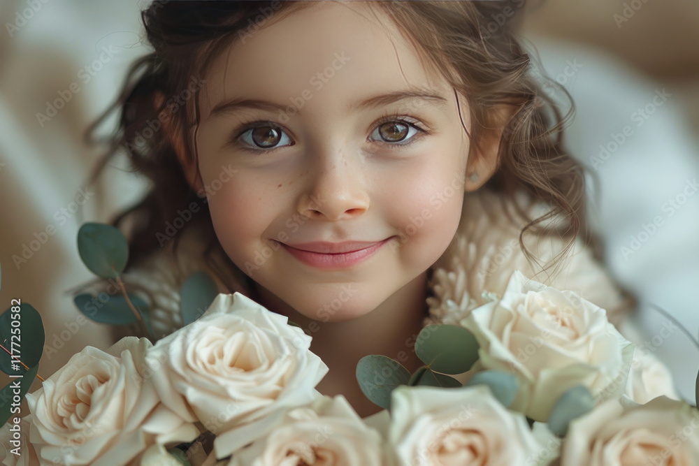 little girl with dark curly hair, with bouquet of white roses,. little girl with dark curly hair, with bouquet of white roses,.