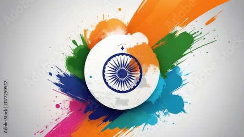 Indian flag adorned with vibrant paint splatters, elegantly set against a sophisticated gray backdrop.
