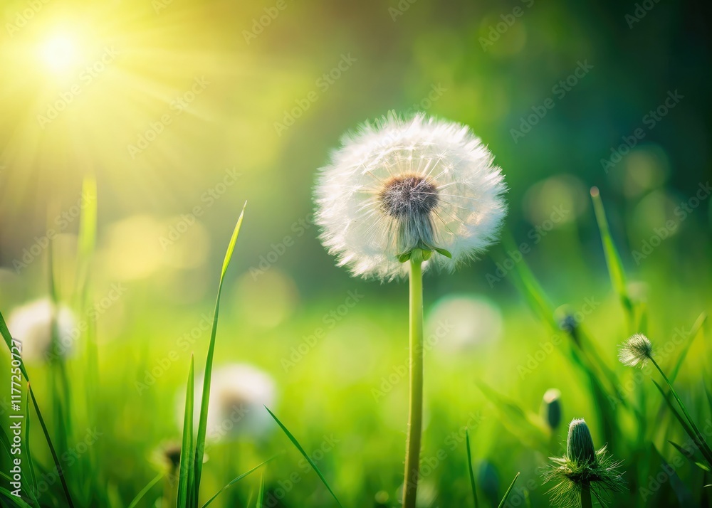 Spring's ephemeral beauty: a lone dandelion's fluffy seed head graces a sun-drenched meadow. Spring's ephemeral beauty: a lone dandelion's fluffy seed head graces a sun-drenched meadow.