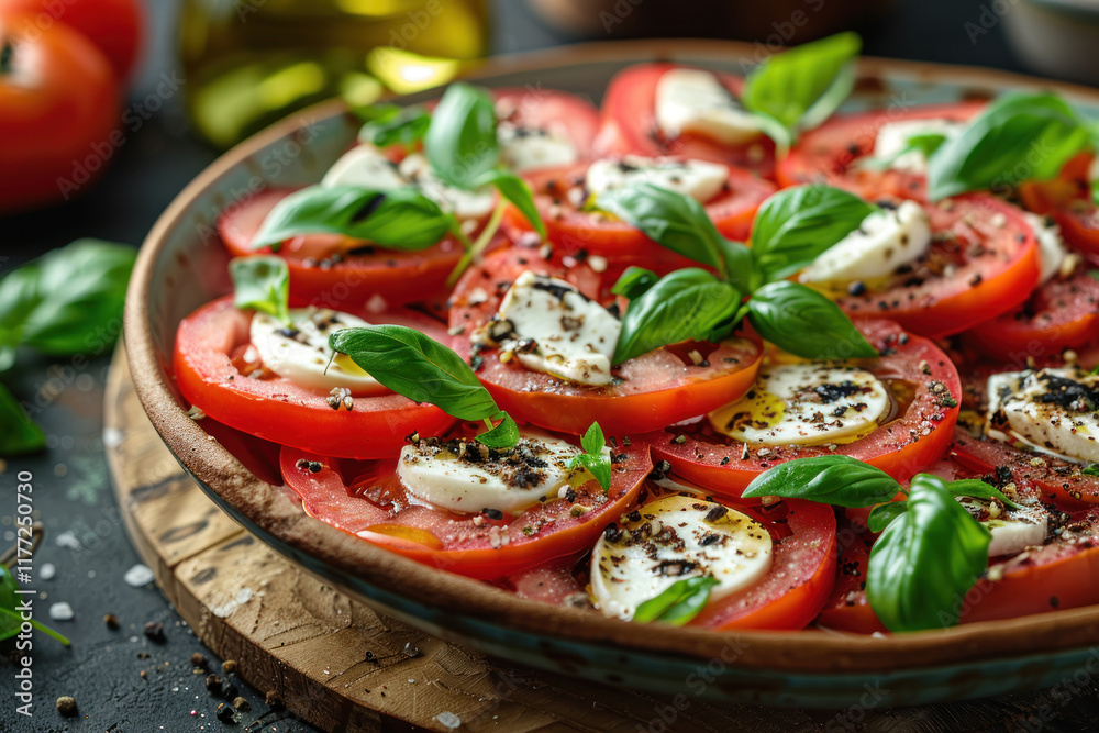 salad with sliced tomatoes, mozzarella, basil, olive oil,. salad with sliced tomatoes, mozzarella, basil, olive oil,.