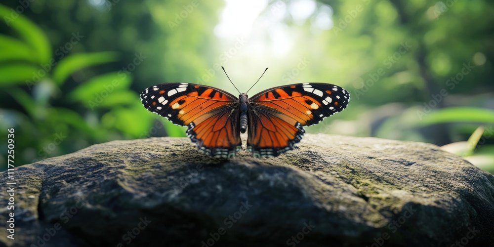 Obraz premium Colorful butterfly resting on a rock in a lush green forest during daylight hours