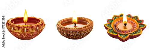 Set of A single Indian oil lamp glowing during Diwali celebrations on transparent png background photo