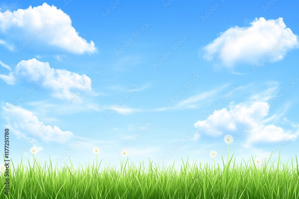 Bright Blue Sky with Fluffy White Clouds Over Lush Green Grass Landscape Bright Blue Sky with Fluffy White Clouds Over Lush Green Grass Landscape