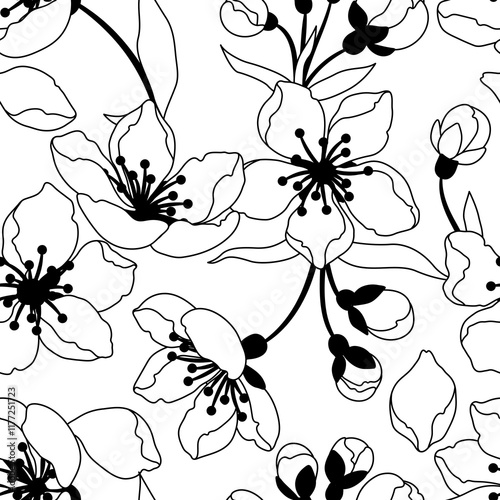 Pattern with spring flowers. Apple, sakura or cherry blossom. Beautiful decorative blooming plants.