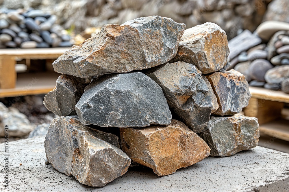 Pile of rough landscaping rocks on display at outdoor materials yard with pallets of other stones in background Pile of rough landscaping rocks on display at outdoor materials yard with pallets of other stones in background