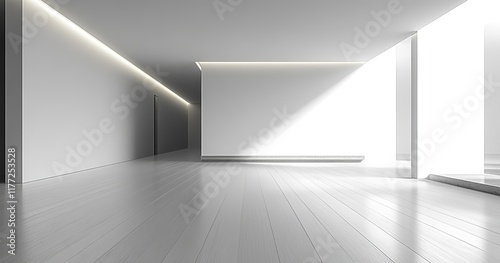 A spacious empty room featuring a white wall and light wooden floor, captured in a high-resolution 3D rendering. 