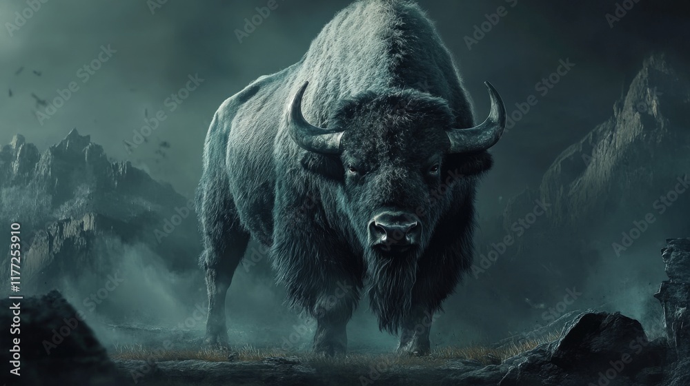 Naklejka premium A large bison standing in a mountain landscape at dusk