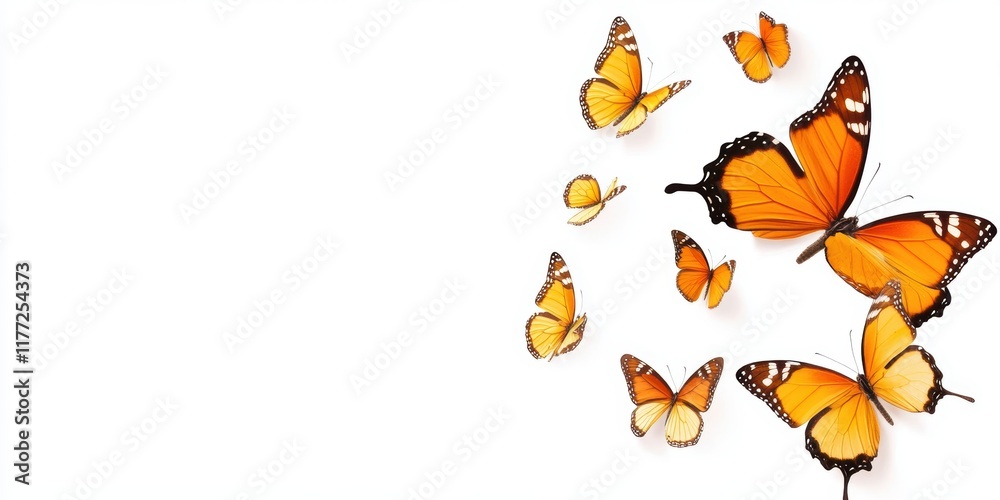 Fototapeta premium Colorful butterflies in various sizes and positions creating a lively display on a white background