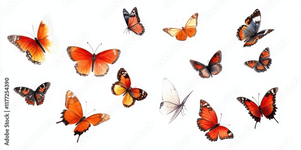 Fototapeta premium Butterflies of various species display vibrant colors on a white background in a natural setting