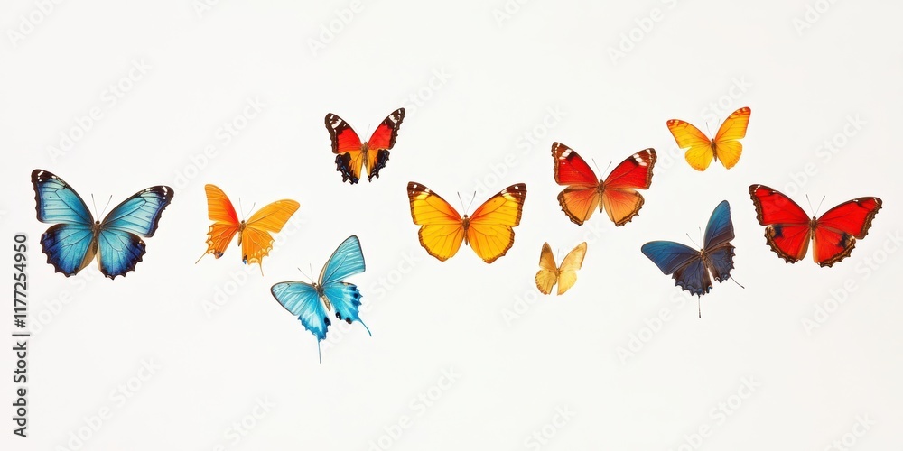 Fototapeta premium Colorful butterflies in various sizes and shades are arranged against a light background to showcase their beauty and diversity