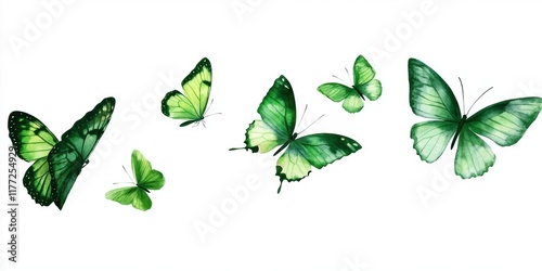 Beautiful green butterflies gracefully flying in a serene natural setting during daylight