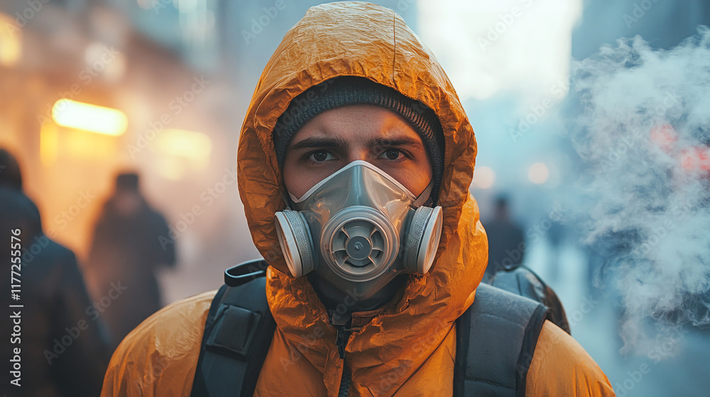 Worker in protective mask, illustrating concern for health and safety Worker in protective mask, illustrating concern for health and safety