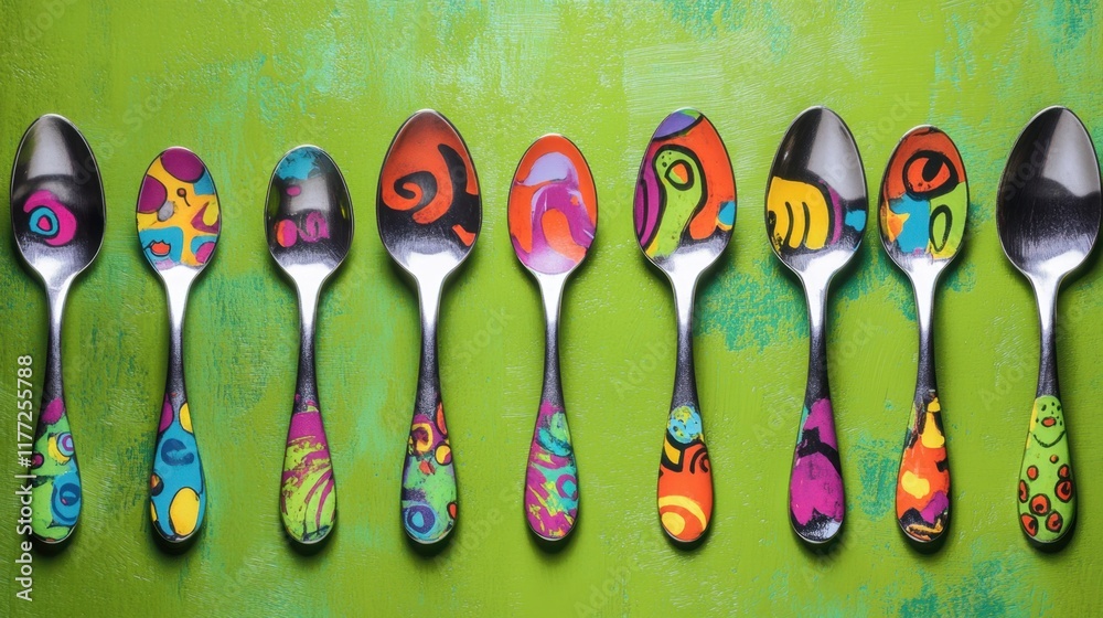Obraz premium A childs spoon with playful designs arranged on a vibrant green background