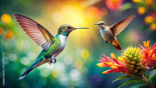 Bee Hummingbird in Flight, Long Exposure Blur, Tropical Garden, Vivid Colors photo