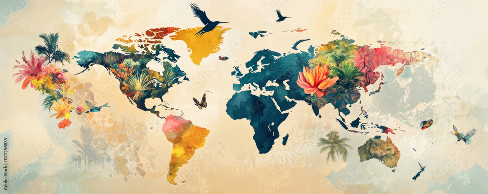Fototapeta premium Artistic world map layered with vibrant flora and fauna, showcasing nature beauty across continents. colorful representation of planet biodiversity