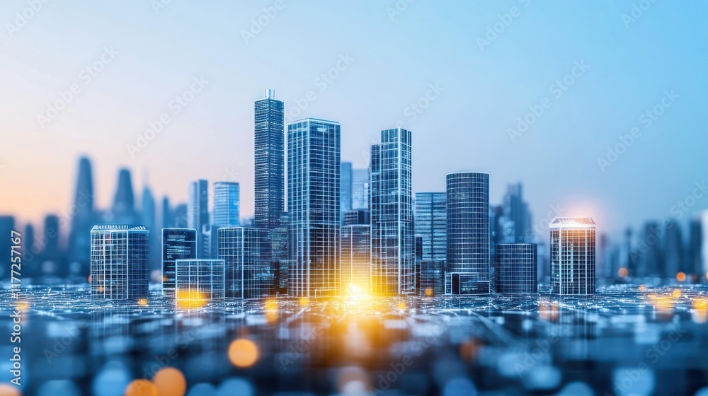 A modern city skyline at sunset, showcasing skyscrapers and urban development.