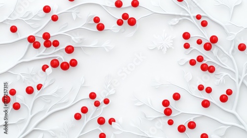Beautiful Red Berries with White Branches on Minimalist Background, Perfect for Seasonal Designs, Invitations, and Holiday Cards