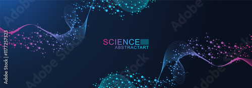 Structure molecule and communication. Dna, atom, neurons. Scientific concept for your design. Connected lines with dots. Medical, technology, chemistry, science background. Vector illustration.