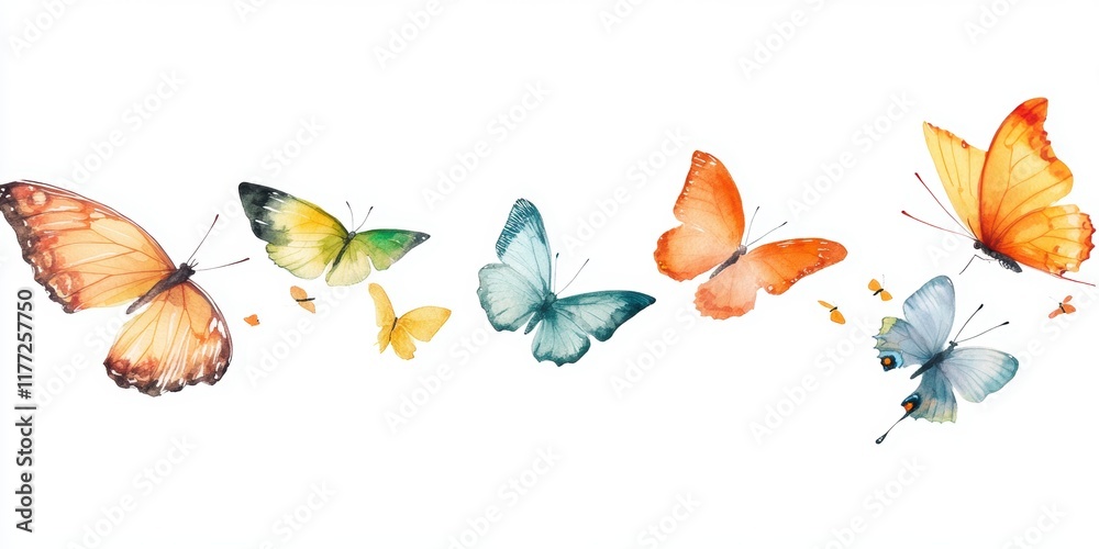 Fototapeta premium Colorful butterflies in various shades fluttering gracefully across a white background