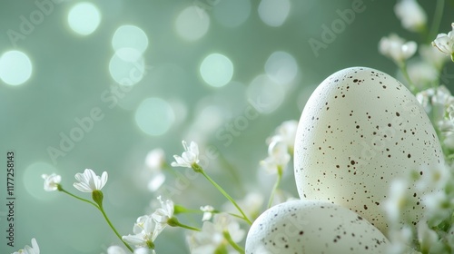 easter background - easer eggs with flowers as decoration against green bokeh background photo