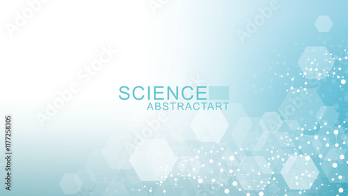 Modern scientific background with hexagons, lines and dots. Wave flow abstract background. Molecular structure for medical, technology, chemistry, science. Vector illustration
