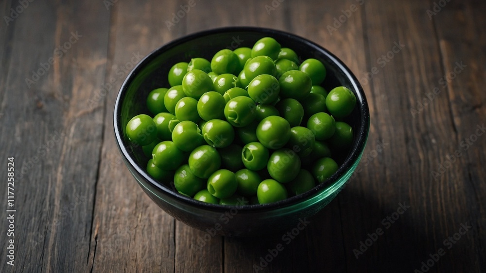 A transparent background with a black bowl filled with green peas, as viewed from above. A transparent background with a black bowl filled with green peas, as viewed from above.
