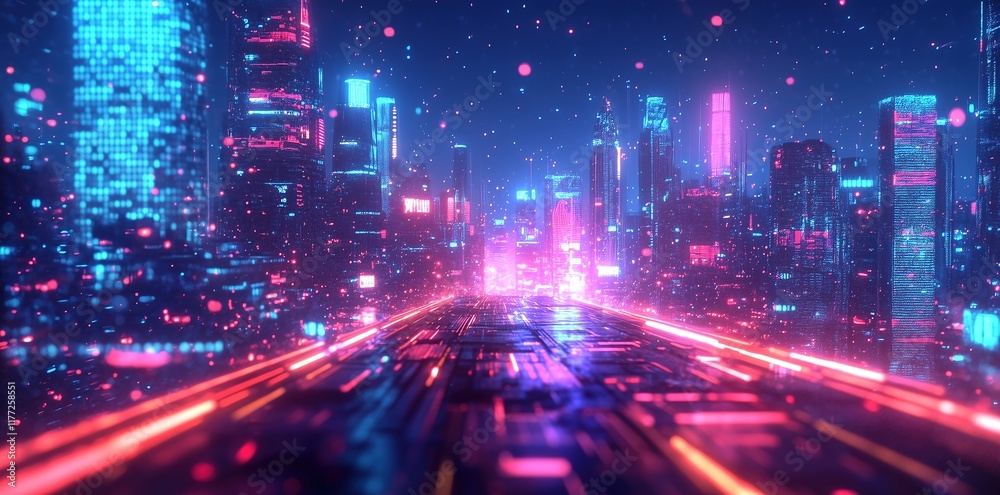 Vivid Neon Cityscape with Abstract Energy Flow Vivid Neon Cityscape with Abstract Energy Flow