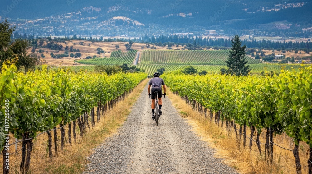 Fototapeta premium A cyclist on a gravel path through a vineyard with rows of grapevines on either side