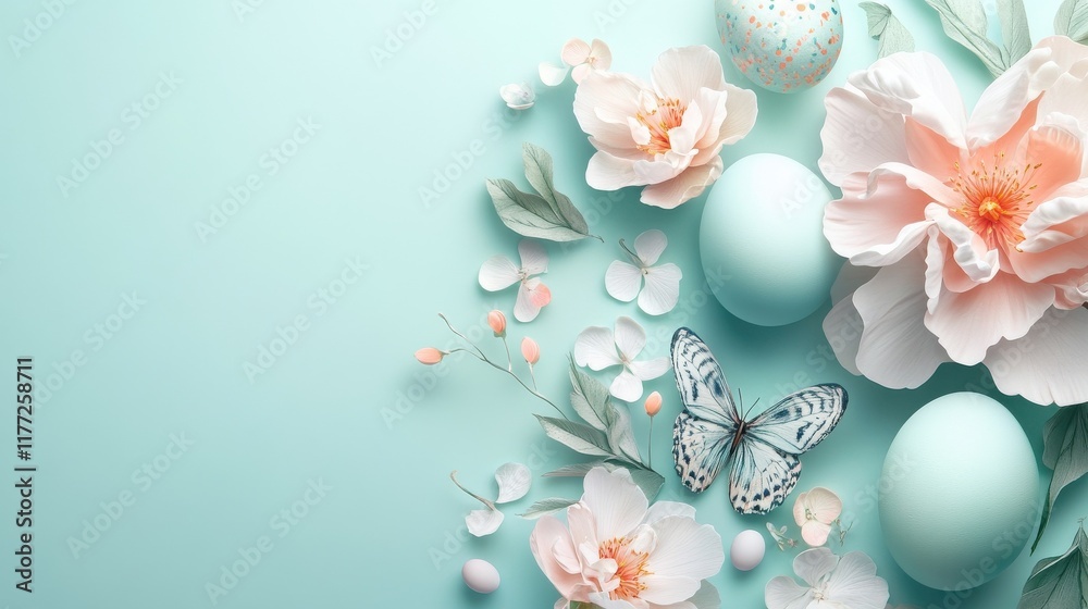 Obraz premium Happy Easter composition for easter design. Elegant Easter eggs and spring flowers on mint background. Flat lay, top view, copy space.
