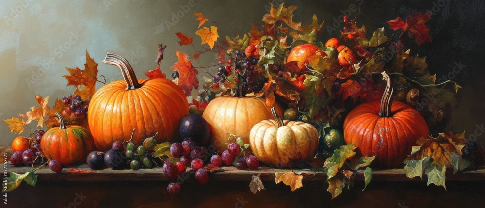 a still life of pumpkins, grapes, and autumn leaves a still life of pumpkins, grapes, and autumn leaves