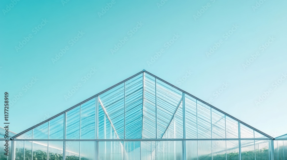 A modern greenhouse with a clear sky, designed for plant cultivation and growth. A modern greenhouse with a clear sky, designed for plant cultivation and growth.