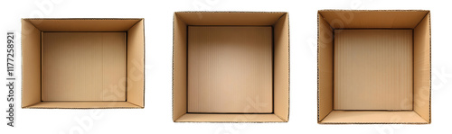 empty cardboard boxes set PNG. cardboard box png. Empty box top view png. empty box made out of cardboard flat lay isolated. open cardboard box for packaging and placing things inside png