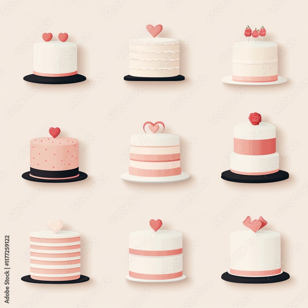 A collection of nine beautifully designed cakes in soft pink and white, each adorned with hearts, perfect for celebrations and special occasions. A collection of nine beautifully designed cakes in soft pink and white, each adorned with hearts, perfect for celebrations and special occasions.