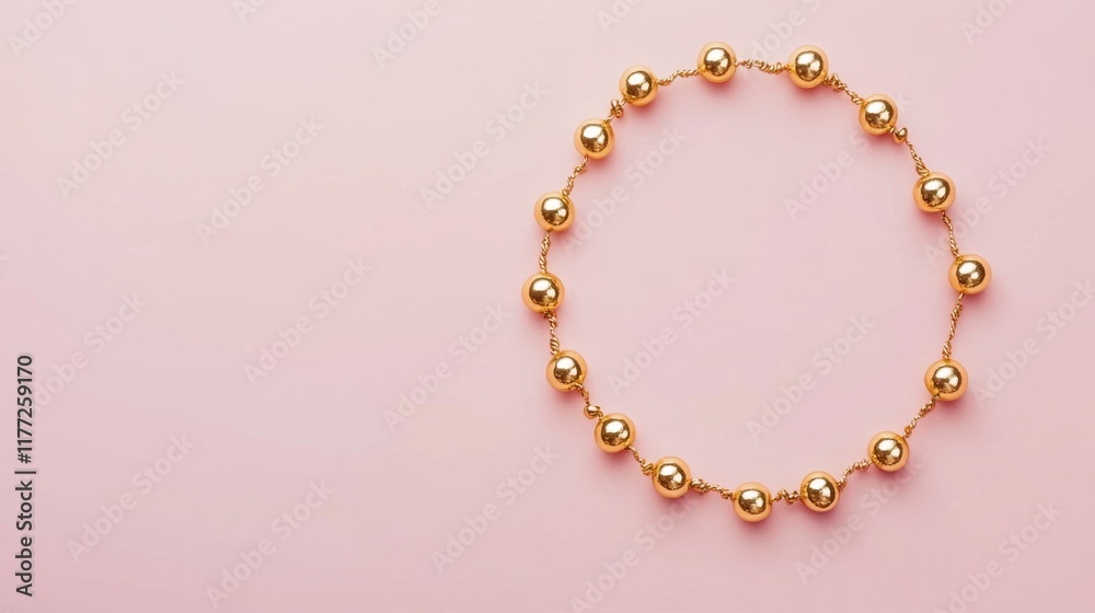 A delicate gold anklet with small bells on a blush pink background A delicate gold anklet with small bells on a blush pink background