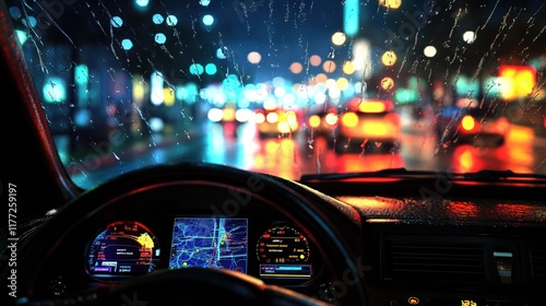 transport, destination and modern technology concept - car salon with navigation system on dashboard and meteo sensor on windshield over night lights background. photo
