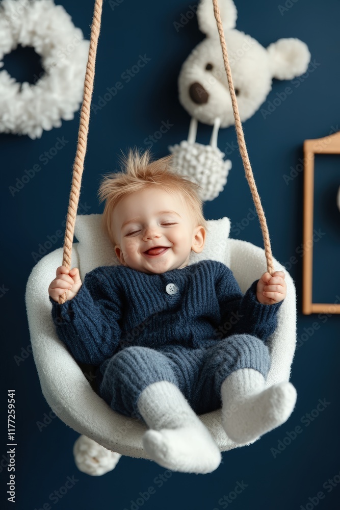 A joyful toddler swinging in a cozy nursery with playful decor in soft colors A joyful toddler swinging in a cozy nursery with playful decor in soft colors