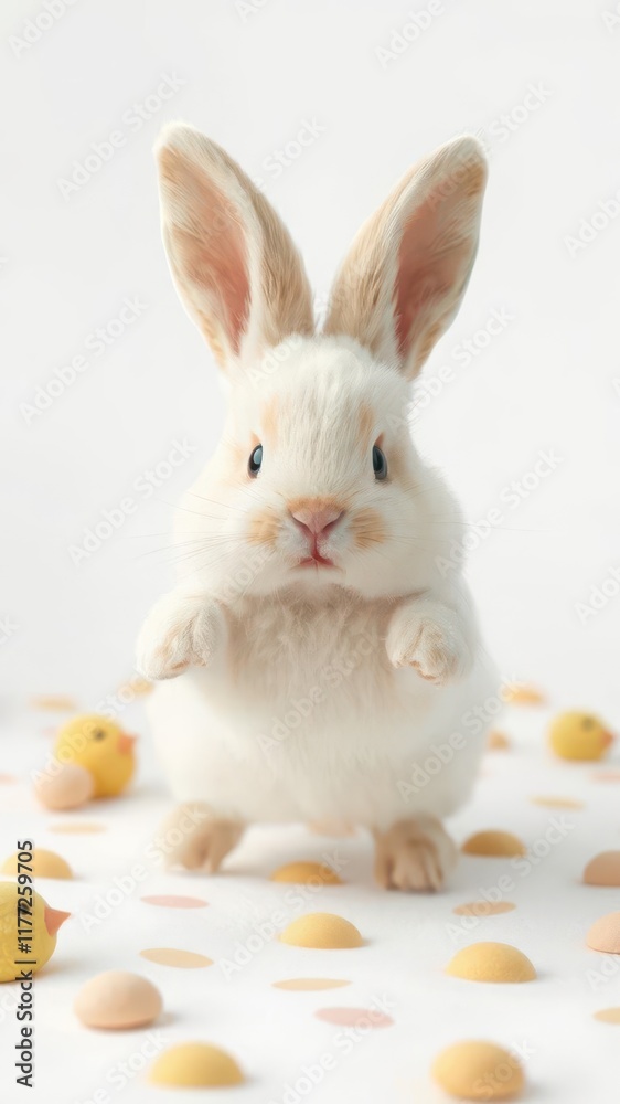 Obraz premium Fluffy Easter bunny hopping on a chick-patterned white background, rabbit, chick