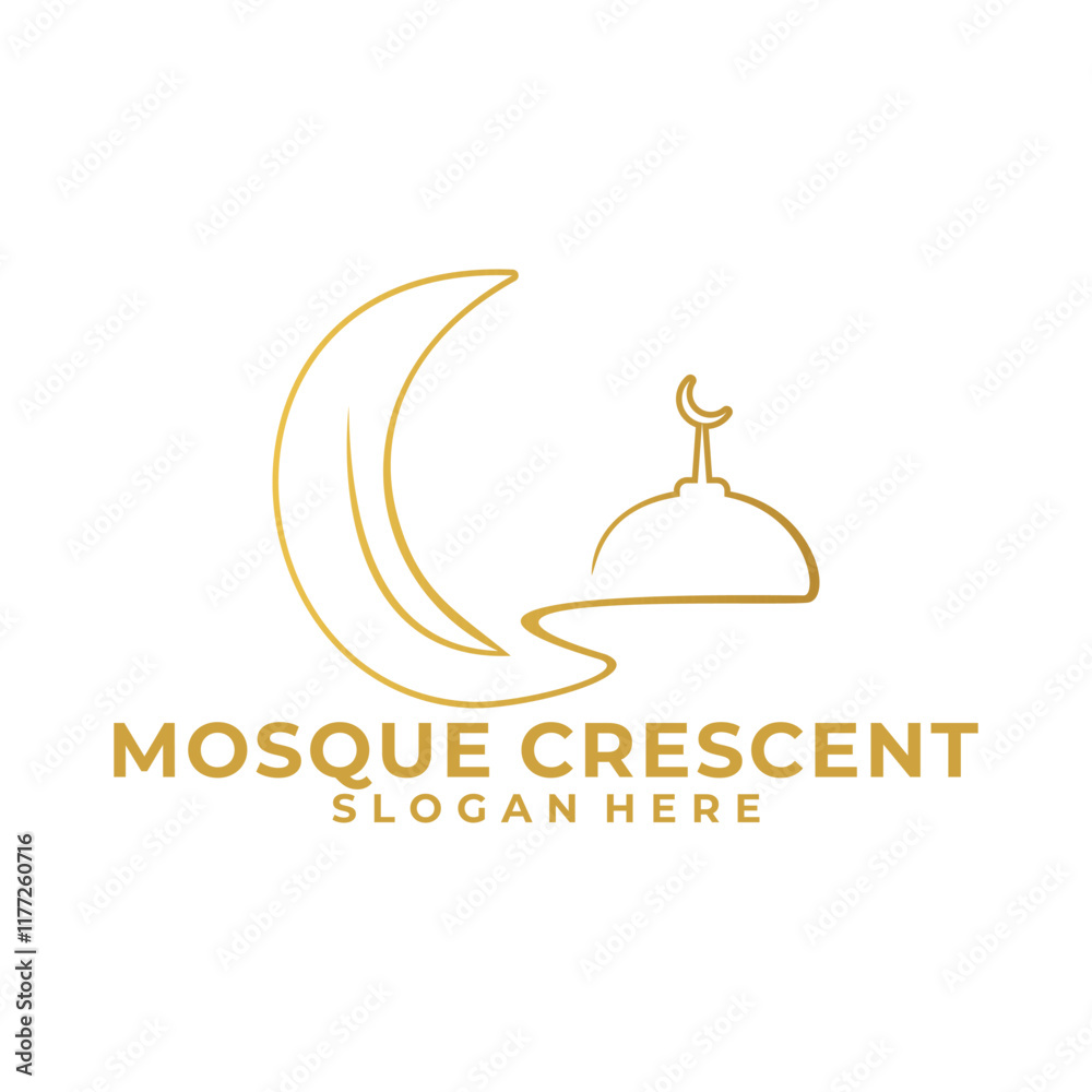 Fototapeta premium Simple Line Islamic logo design template, Line art Mosque with Crescent Logo design vector
