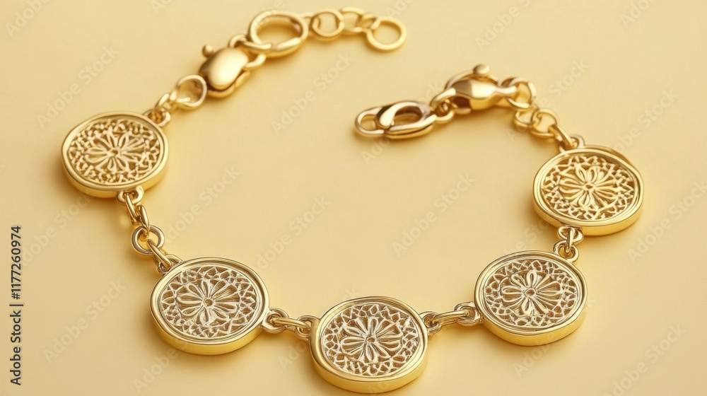A gold charm bracelet with playful designs on a mustard yellow background A gold charm bracelet with playful designs on a mustard yellow background
