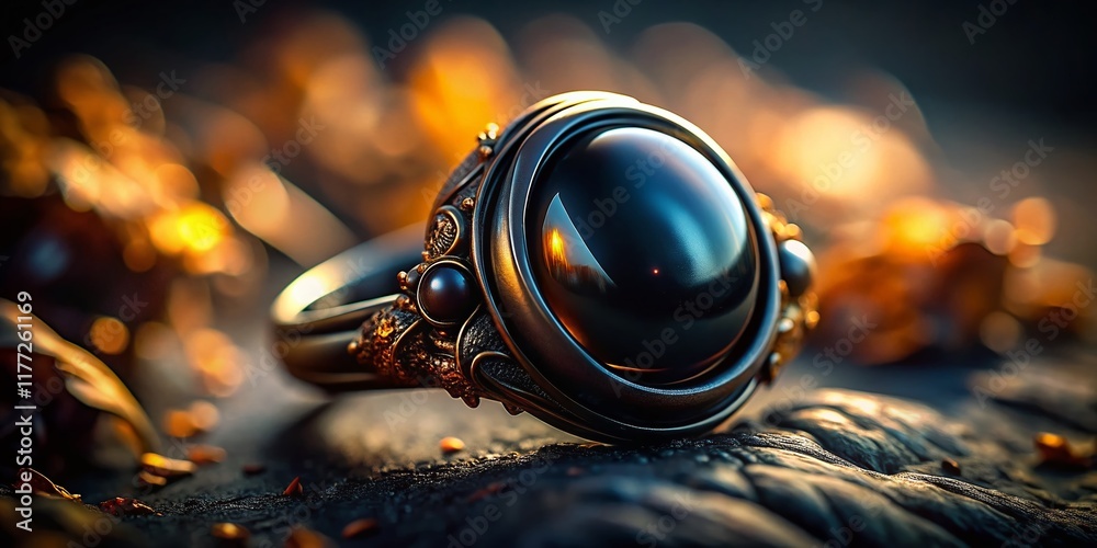 Fototapeta premium Black Metal Ring Obsidian Jewelry Gothic Dark Photography