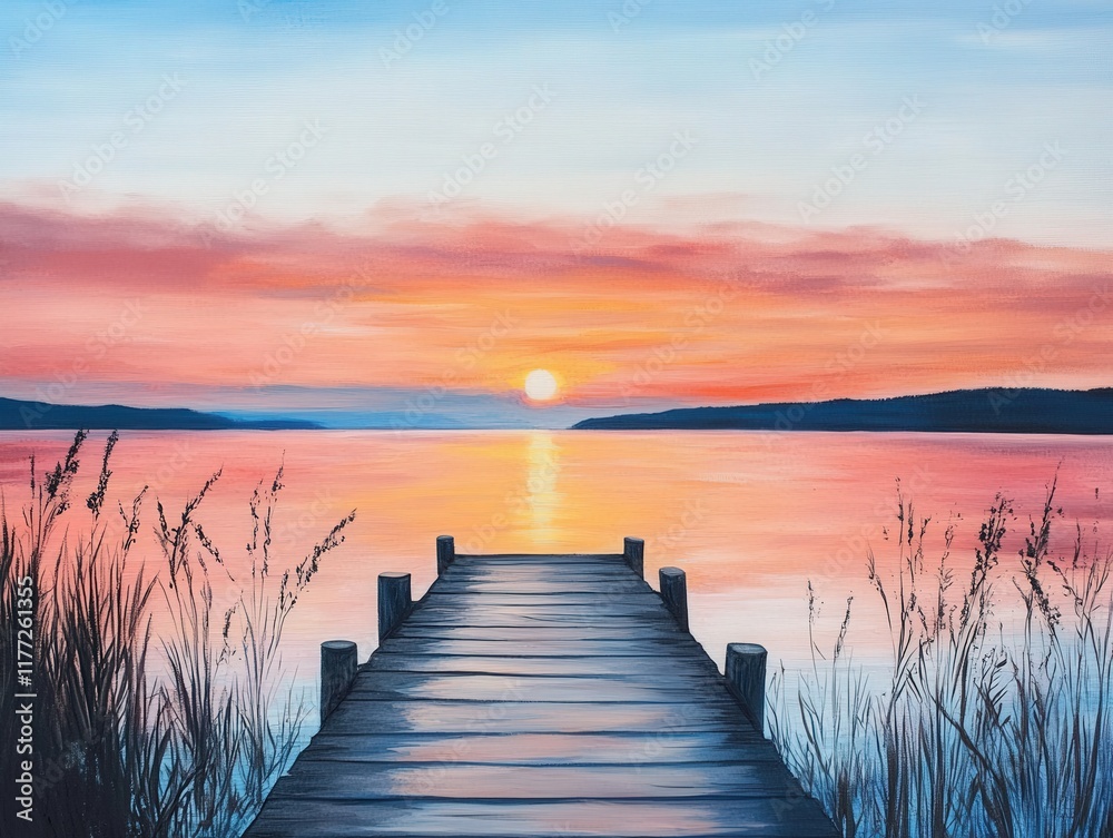 Naklejka premium sunset over water with a wooden dock