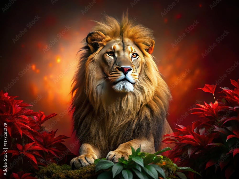 Fototapeta premium Majestic Lion Night Portrait: Red Leaves Background