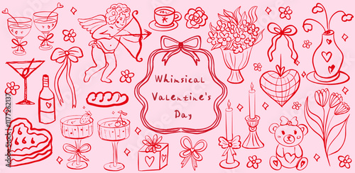 Whimsical coquette food and wine red and pink background. La dolce vita concept. Design elements for Valentines Day greeting cards, wedding invitations, birthday. Vector illustration