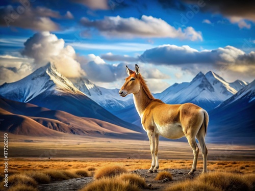 Majestic Kiang on Tibetan Plateau, Copy Space for Text - Wildlife Stock Photo photo